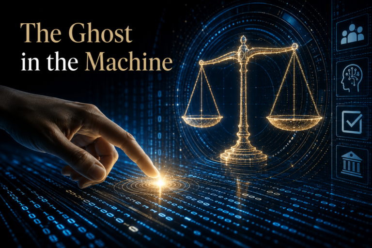 A conceptual digital graphic showing a human hand interacting with a glowing binary code interface, with digital scales of justice overlaid to represent AI auditing, fairness, and legal regulation.
